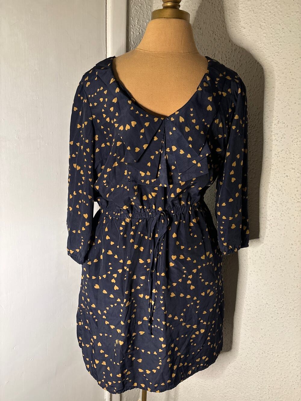 BeBop Blue/Gold V-Neck Midi Heart Dress L Whimsy Holiday Cherry Girl Dopamine